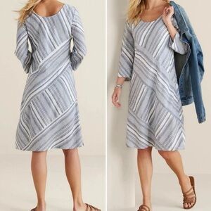 Soft Surroundings Sonya Linen Dress Womens XL White Blue Striped Linen Coastal